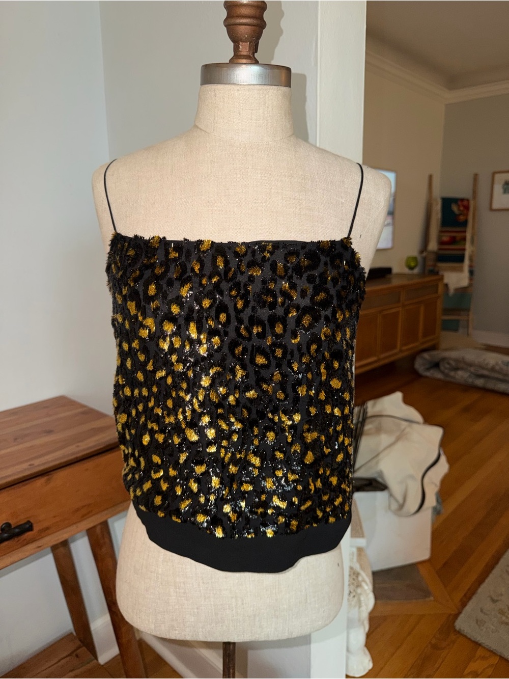 Barney’s New York fuzzy metallic Leopard Print Camisole tank in Black & Gold